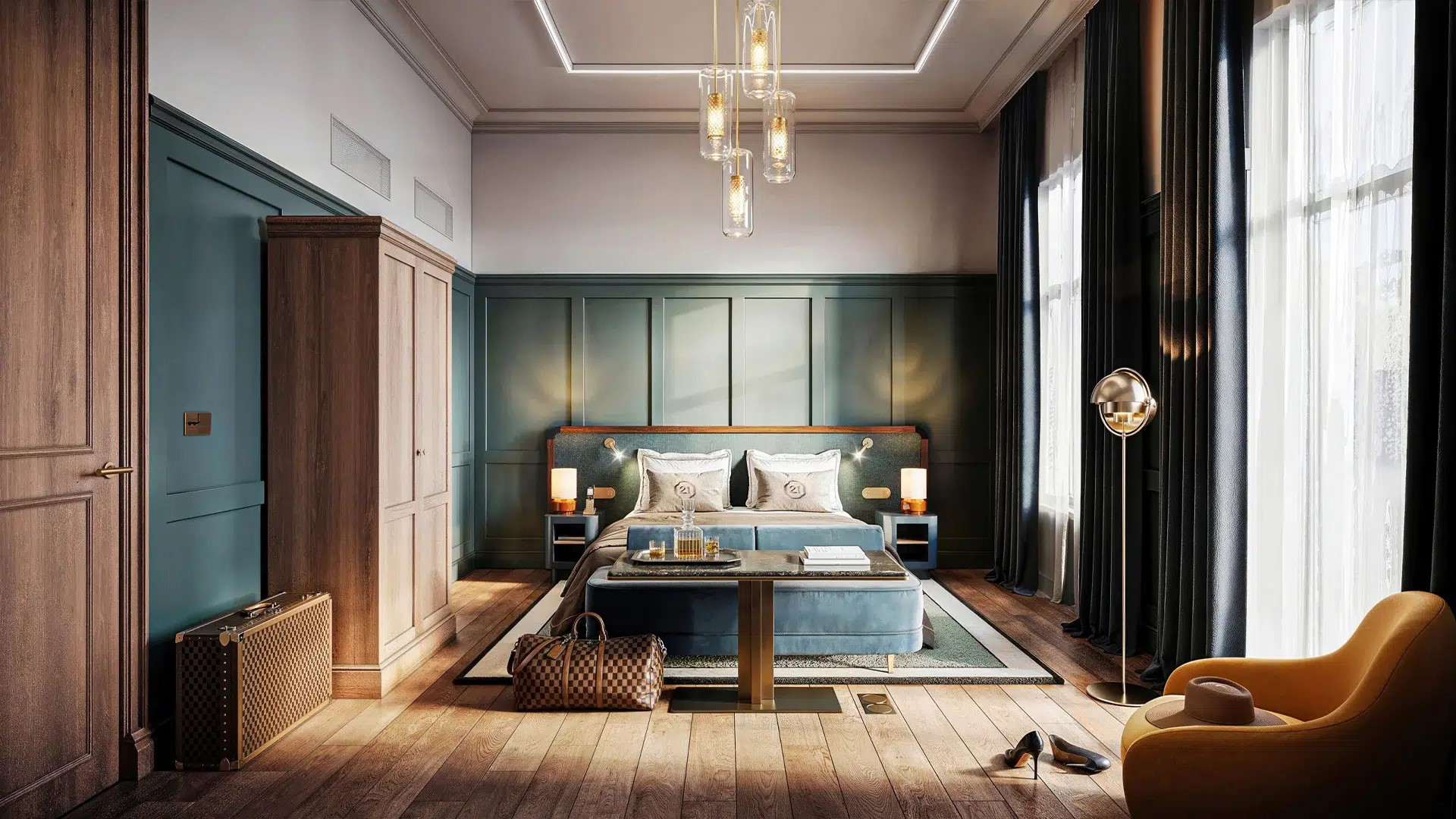 Elegant and sofisticated boutique hotel with turquoise and gold tones. 